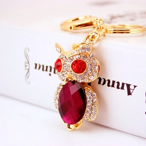 Cute crystal owl keychain with red rhinestones and gold plating for women handbag