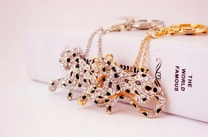 Close-up of gold and silver leopard keychains encrusted with sparkling crystals