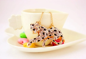 Detailed close-up of a leopard keychain with sparkling crystals and black spots