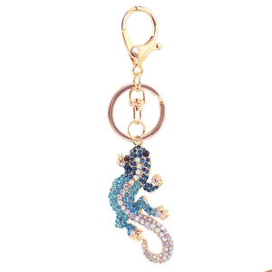 Porte-clés gecko en cristal bleu étincelant avec fermoir homard doré pour femmes