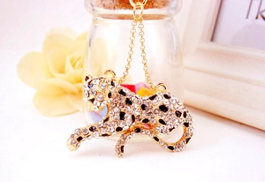 Macro view of gold crystal leopard keychain pendant with sparkling rhinestones for bags