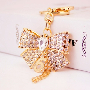 Porte-clés Élégant Nœud avec Strass et Pendentif Numéro 5 Or en Alliage de Zinc Cristal Bijou de Sac pour Femme