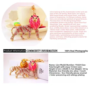 Close-up of sparkling rhinestone lion keychain with zinc alloy gold plating detail