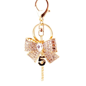 Porte-clés voiture nœud en cristal avec pendentif numéro 5 en strass doré brillant