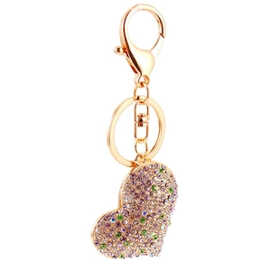 Sparkling heart keychain with purple and green rhinestones and a gold-tone lobster clasp