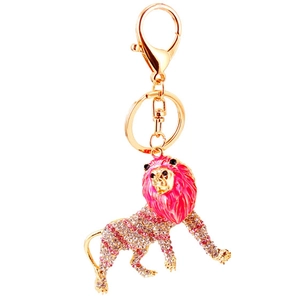 Golden lion keychain with pink and white rhinestones and vivid pink mane pendant