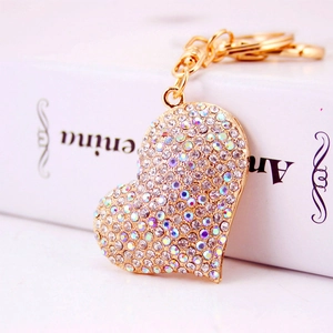 Portachiavi a cuore colorato con strass iridescenti e clip in metallo dorato