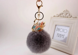 Dettaglio di un portachiavi con pompon in ecopelliccia grigia e cigno con pietre preziose