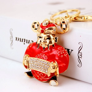 Chinese Style God Of Wealth Alloy Keychain Cute Enamel Caishen Rhinestone Keychain Car Bag Pendant Auspicious Jewelry Gift