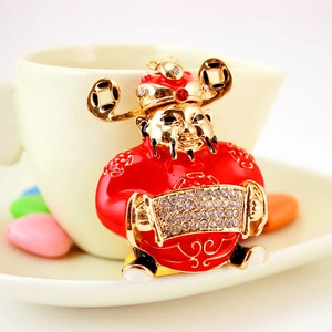 Cute God of Wealth keychain with red enamel and sparkling rhinestones for car keys