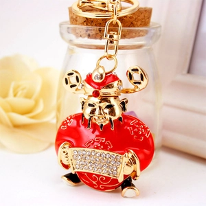 Chinese God of Wealth keychain with rhinestones and enamel on golden keychain ring