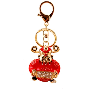 Cute Chinese God of Wealth keychain with red enamel, rhinestones and golden hardware