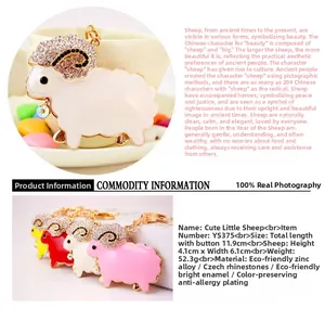 Detailed close-up of a rhinestone sheep keychain available in white, pink, red, and yellow