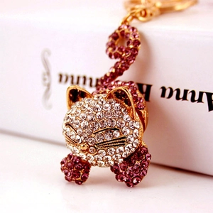Charmant porte-clés chat endormi en cristal avec strass roses et métal doré