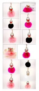 Detail of fox head keychain with sparkling rhinestones and a large fluffy faux fur pompom