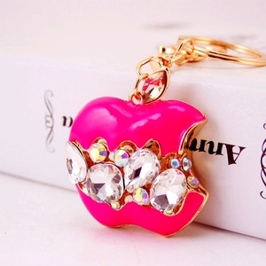 Porte-clés pomme en cristal étincelant avec émail rose et strass pour cadeau