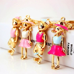 Cute Cartoon Boy Girl Couple Keychain Zinc Alloy Enamel Rhinestone Gold Plated Bag Charm Key Ring Pendant Gift For Women Friends