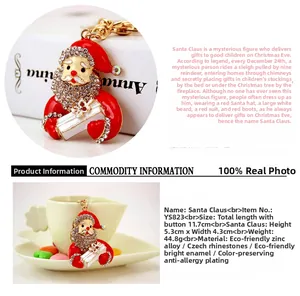 Detail of Santa Claus keychain featuring sparkling rhinestones and red enamel coating
