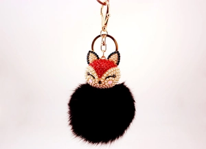 Close-up of sparkling red and white rhinestones on a fox charm with a black pompom