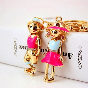 Cute enamel couple keychain set with rhinestones and gold lobster clasp for bags