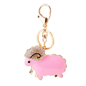 Cute pink rhinestone sheep keychain with gold metal ring and enamel pendant decoration