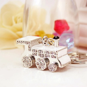 Sparkling silver steam engine train keychain with clear rhinestones for car keys
