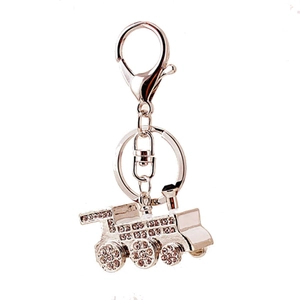 Silver train locomotive keychain with sparkling crystals for men's car keys and bag accessories