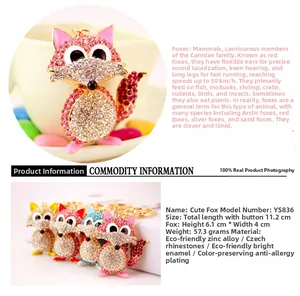 Detail of fox keychain showing zinc alloy texture and inlaid crystals in various colors