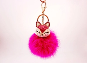 Detail of fox head key ring with pink rhinestones, faux pearls and soft pompom