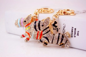 Close-up of zebra keychain featuring gold alloy base and sparkling white rhinestones
