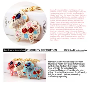 Detailed view of rhinestone sheep keychain in zinc alloy with colorful enamel finish