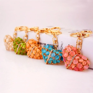 Schattige Hartvorm Kattenoogsteen Sleutelhanger Strass Legering Sleutelring Auto Tas Hanger Voor Vrouwen Meisjes Cadeau Mode Accessoires