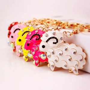 Cute Rhinestone Sheep Animal Keychain Zinc Alloy Enamel Cartoon Lamb Bag Pendant Car Key Ring Jewelry Gift For Women Girls