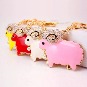 Cute Rhinestone Enamel Sheep Keychain Zinc Alloy Animal Bag Pendant Gold Plated Key Ring For Women Birthday Wedding Gift Jewelry