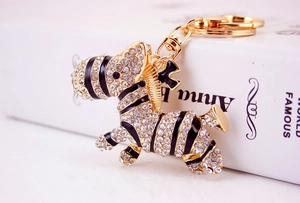 Close-up of zebra keychain with sparkling crystals and black enamel on gold plating