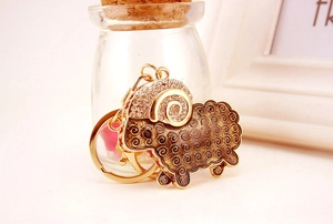 Detailed macro view of golden goat keychain with crystal rhinestones and enamel textures