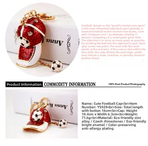 Detail view of soccer hat keychain with red white enamel and shiny Czech rhinestones