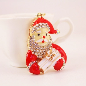 Sparkling rhinestone Santa Claus keychain with red enamel and festive crystal gift box