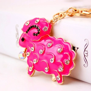 Cute pink sheep keychain with rhinestones and gold-plated alloy for women's handbags