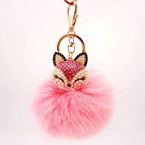 Fox Head Rhinestone Faux Fur Ball Keychain Metal Pendant Fashion Bag Charm For Women Gift Accessory