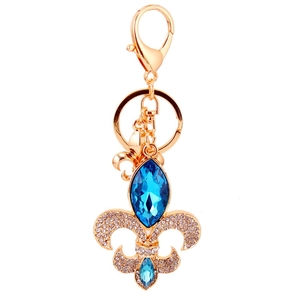 Portachiavi a giglio dorato con cristallo blu e strass per accessori da borsa
