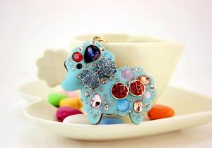 Close-up of sheep keychain featuring colorful rhinestones and light blue finish