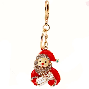 Sparkling Christmas Santa Claus keychain with red enamel and white rhinestones decoration