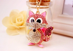 Detailed close-up of crystal-encrusted fox keychain with pink rhinestones on gold alloy