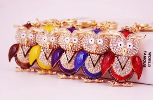 Détail de cinq porte-clés chouette colorés avec strass et émail sur décor cadeau