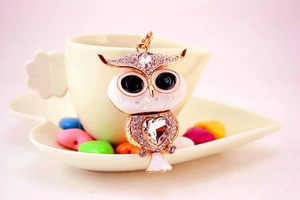 Détail du pendentif hibou avec cristal en forme de cœur, émail et incrustation strass