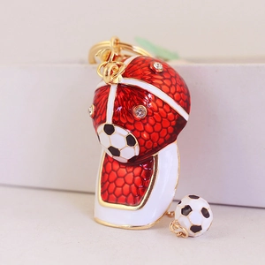 Creative Red White Football Cap Keychain Sports Theme Zinc Alloy Rhinestone Baseball Hat Pendant Key Ring With Mini Ball