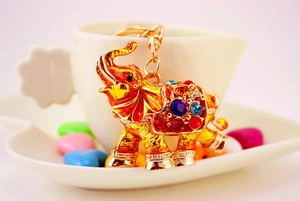 Close-up of golden elephant keychain featuring colorful rhinestones and intricate metal texture