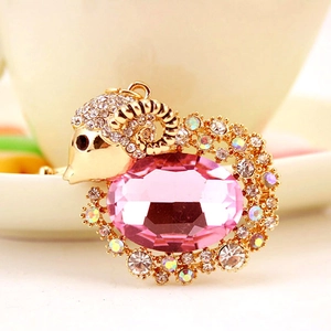 Cute alloy goat keychain with pink crystal gemstone and sparkling rhinestones
