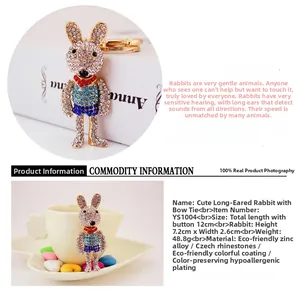 Detailed close-up showing rhinestone long-ear rabbit keychain with colorful enamel coating
